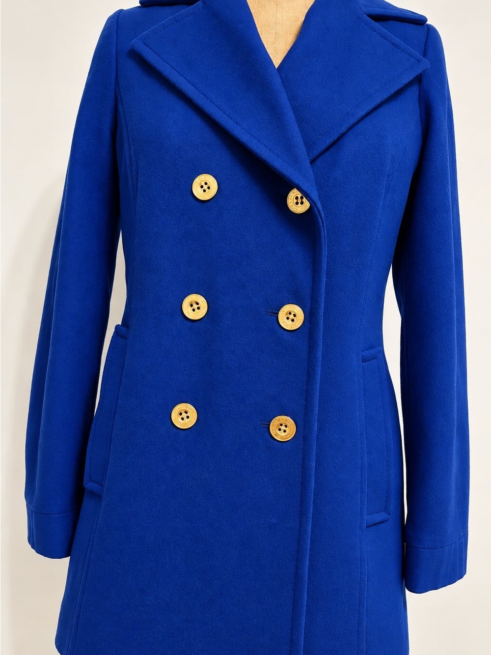 Michael Kors Cobalt Blue Double-Breasted Pea Coat with Contrasting Buttons